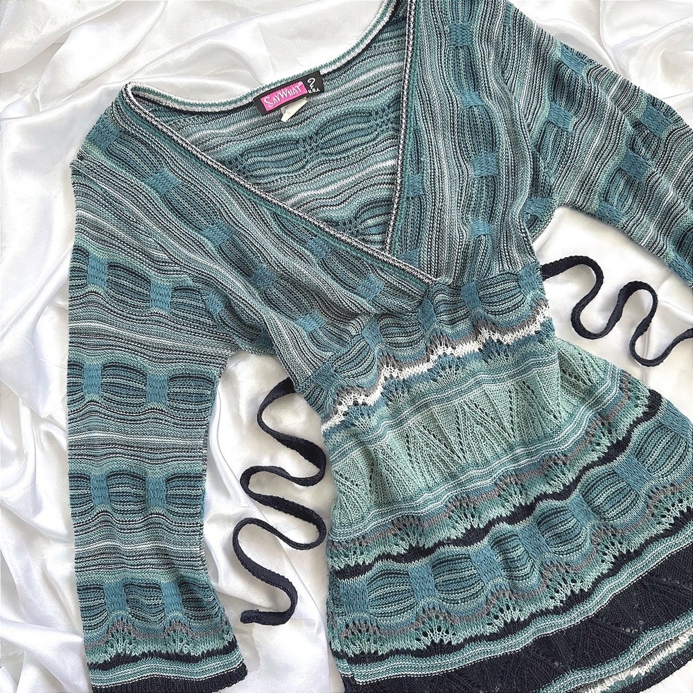 Say What? Vintage Knit Tunic Top Teal Blue Boho V-Neck Empire Waist Medium